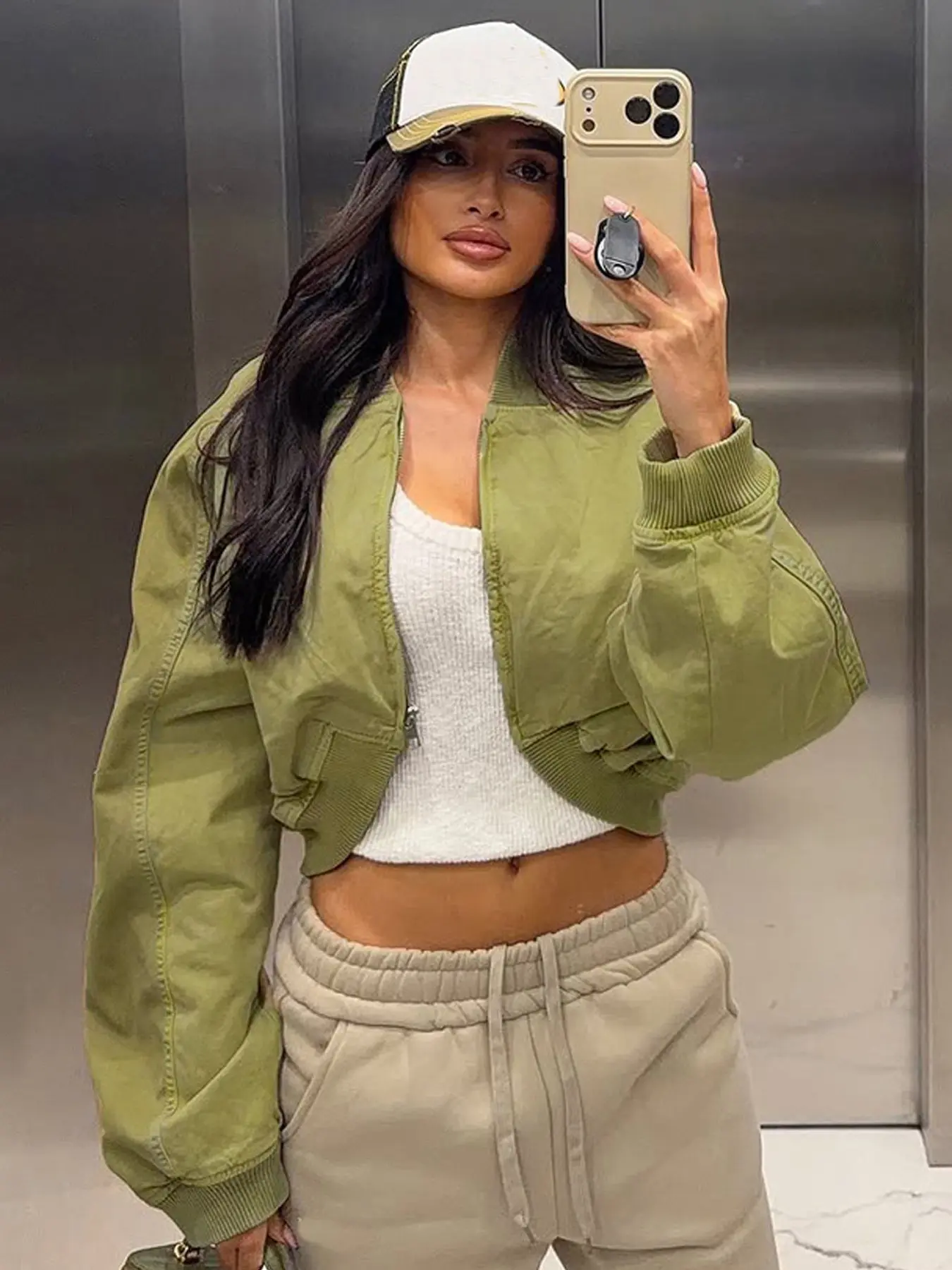 Green Cropped Bomber Jacket For Women Zip Up Loose Fit Coat Women's Long Sleeve Top Female Chic Casual Outerwear Women's Jackets Fashion Streetwear Lady Womenswear Daily Wear Jackets