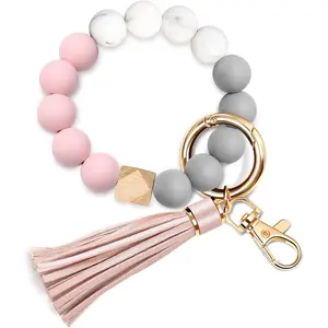 Keychain bracelet wristlet, silicone beaded key ring bracelet with card wallet, elastic keyring bangle for womens