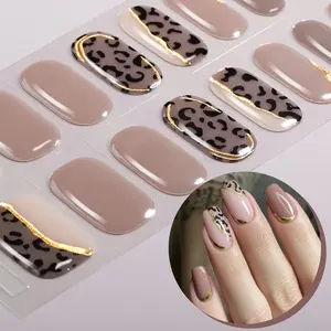 16 tips Leopard Print Semi Cured Gel Nail Strips, Brown-toned Gold Line Gel Nail Full Wraps, Easy to Manicure, Salon Quality, Nail Stickers for Women Home DIY, Nail Art Design