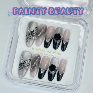 【A16】Almond shape french style Gothic Lace handmade press on nails