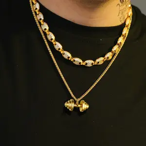 U7 Men Women Fitness Barbell Necklace Sport Jewelry Dumbbell Pendant Chain Necklace