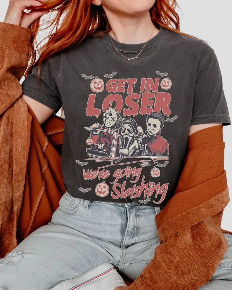 Get In Loser We're Going Slashing Horror Movie Halloween Shirt, Retro Halloween Shirt, Vintage Halloween Horror Shirt