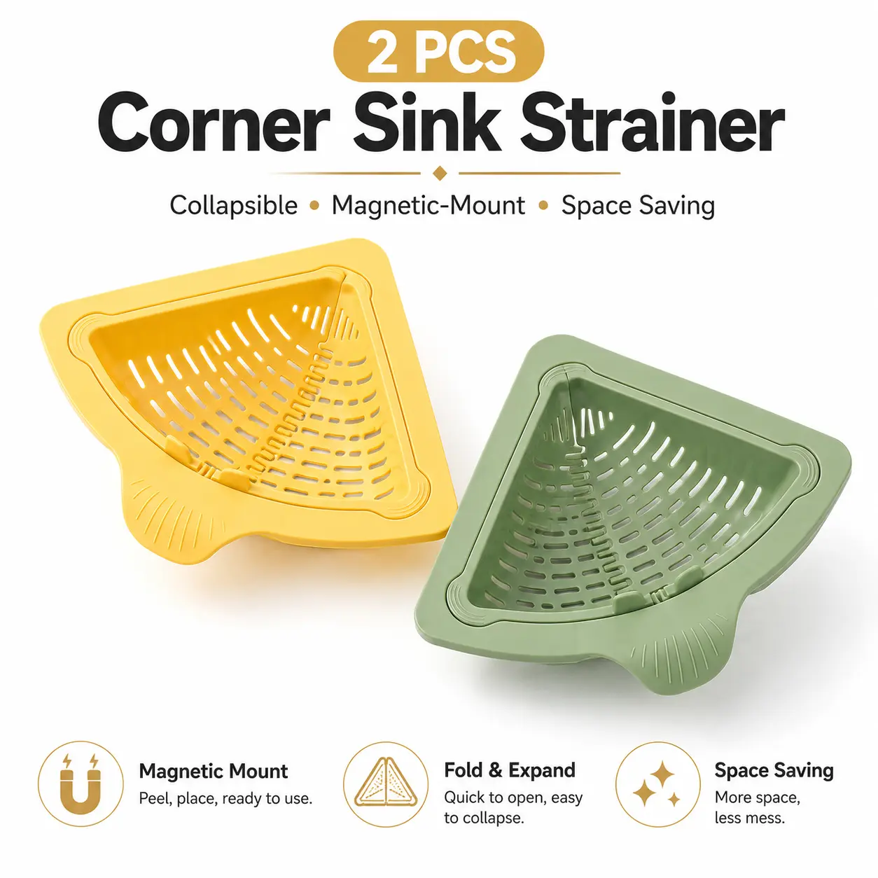 2PCS Compact Magnetic Mount Sink-Fit Corner Shape Strainer Baskets, Reusable Food Waste Catcher, Kitchen Drainage Tool for Draining Fruits & Vegetables
