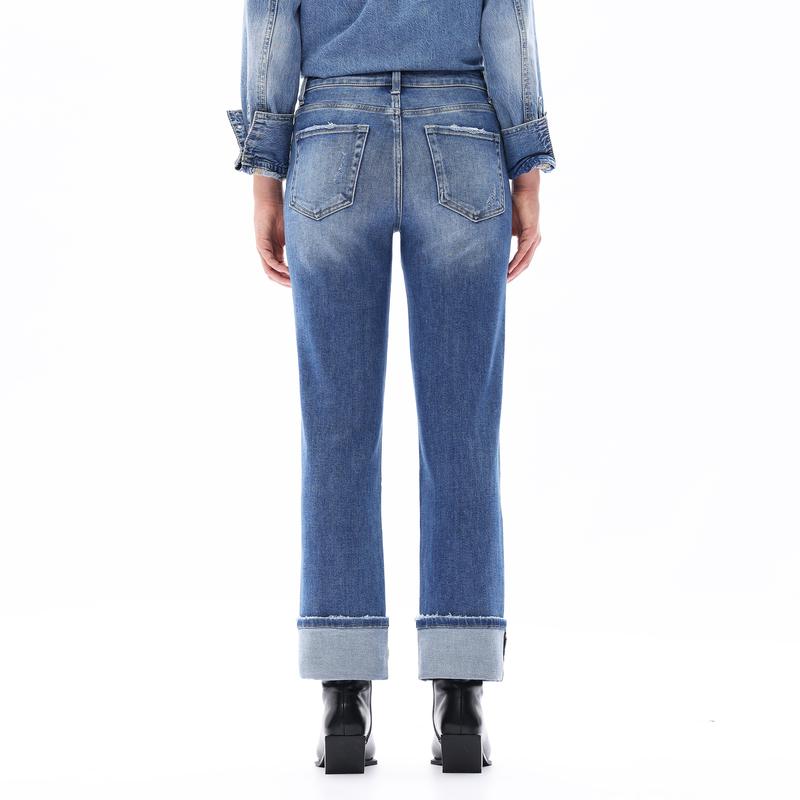 ONESO Vintage Straight Leg Jeans for Women Mid-Rise Cropped Cuffed Figure-Enhancing Stretch Denim with Tummy Control & Casual Boyfriend Fit Y2K Inspired Distressed Ankle Jeans