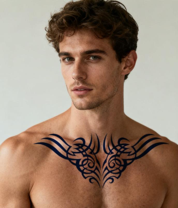 4 Pieces Semi-Permanent Long Lasting Centerpiece Collection Herbal Chest & Upper Back Tattoo Set Sensitive Skin Safe Designs Grand Angel Wings Tribal Emblem for Women and Men