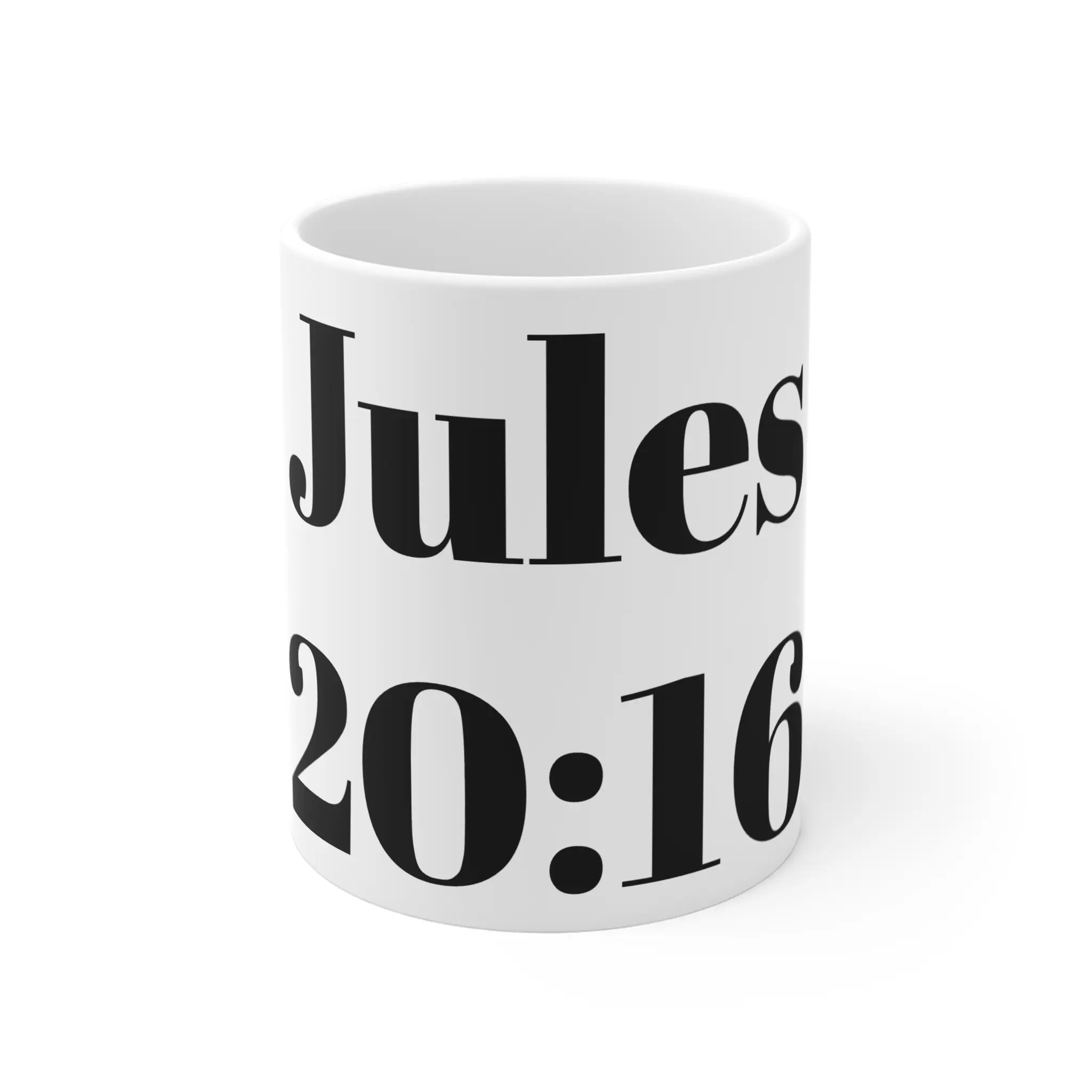 Jules 20:16 Typographic Custom Name Date 11oz Ceramic Coffee Mug - BPA-Free, Reusable, Washable Black Lettering Cup, Personalizable Neutral Kitchen Drinkware Custom Name Mug, Coffee Mugs, Black Lettering Mugs