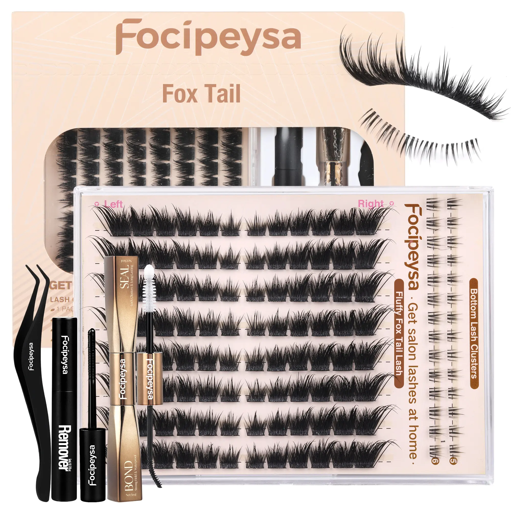 Focipeysa Fluffy FoxTail Lash Clusters | LC Curl Fox Eye Lash Clusters | Natural, Wispy, Ultra-Dense | Beginner-friendly,  Get Flawless Salon Extensions at Home| Lash Kit with Bond and Seal, Complements All Makeup Looks