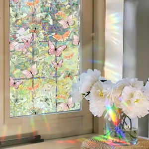 Window Privacy Film, Springtok Butterflies Stained Glass Window Film,Rainbow Decorative Window Cling,Sun Blocking Static Cling Window Stickers,Room Home Decor Window Cover 17" x 39.4"