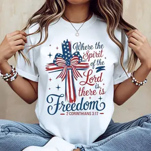 American Flag Cross And Bible Verse Where The Spirit Of The Lord Is There Is Freedom 2 Corinthians 317 Print T Shirt White Casual Short Sleeve Top