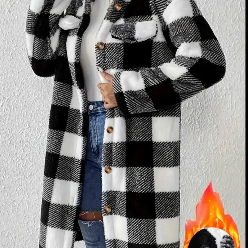 Women'S Black & Tartan Coat - Winter Warmth Long Coat with Button Front Closure, Machine Washable Outerwear, Elegant Tartan Pattern for Fall/Winter, Everyday & Formal Events - Women'S Fashion Outerwear, Winter Clothes, Casual Wear, Stylish Jacket