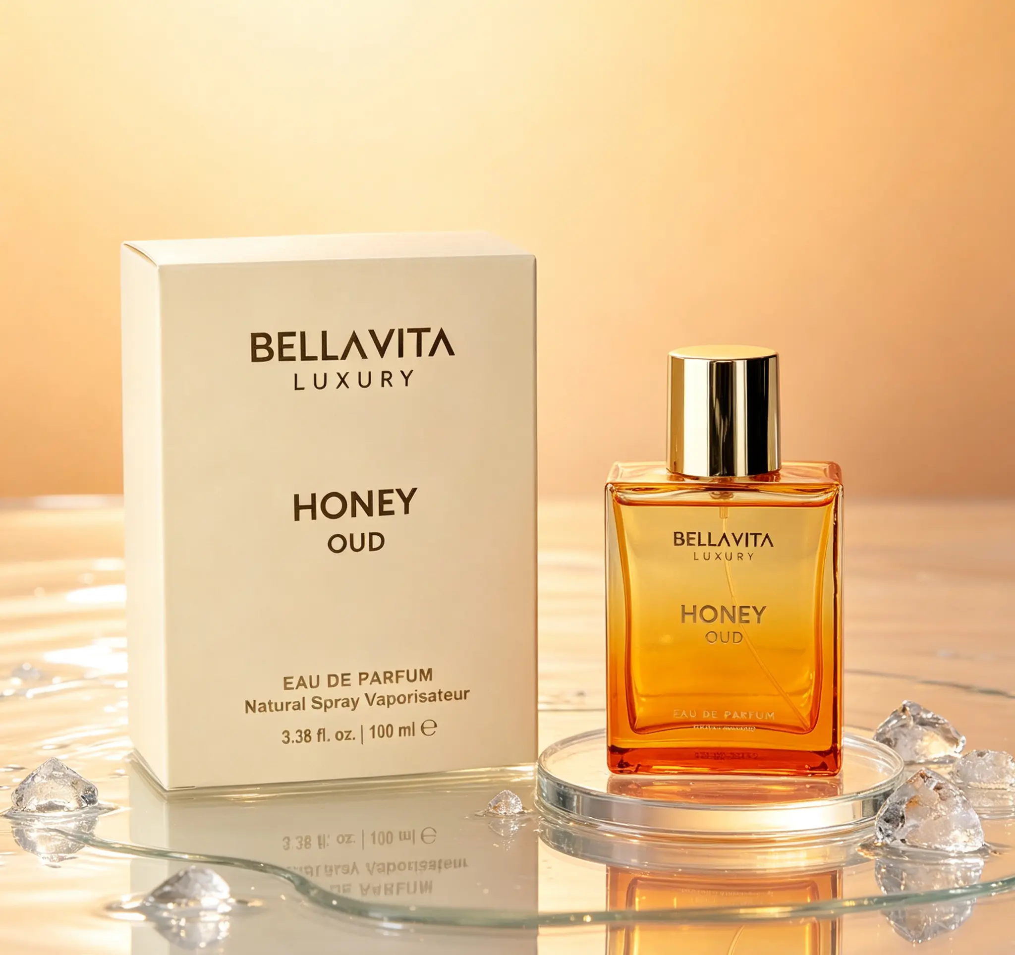 Luxury BellaVita Honey Oud Perfume EDP 3.4 fl oz, Animal-Free Vegan Essential Oil Mix, Deep Spicy Floral Notes Bergamot Patchouli Vanilla Long Lasting Sillage