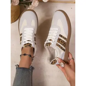 Women's White & Leopard Print Striped Lace - Up Sneakers with Patchwork Design, Casual Comfortable Canvas Walking Shoes, Versatile Footwear for Daily Commuting & Leisure, Female All - match Trendy Shoes for All Seasons