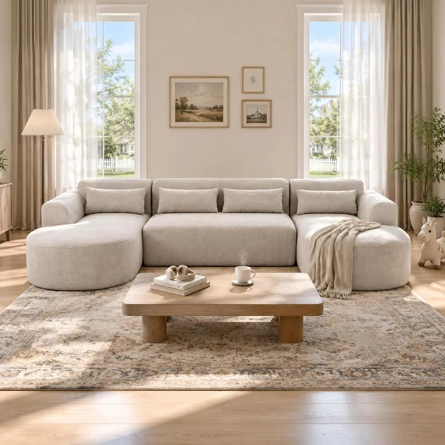 131.1in U-Shaped Modular Sectional Sofa - Seats 6+ People, Vacuum Compressed Cloud Couch, Boucle Sofa Set with Curved Chaise & Throw Pillows, No Assembly Required, Oversized Deep Seat Cloud Like Living Room Furniture, Camel
