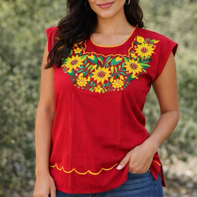 Blusa Girasol Sunflower Embroidered Blouse for Women Short Sleeve Casual Top with Scallop Hem Made in Mexico Womenswear Streetwear