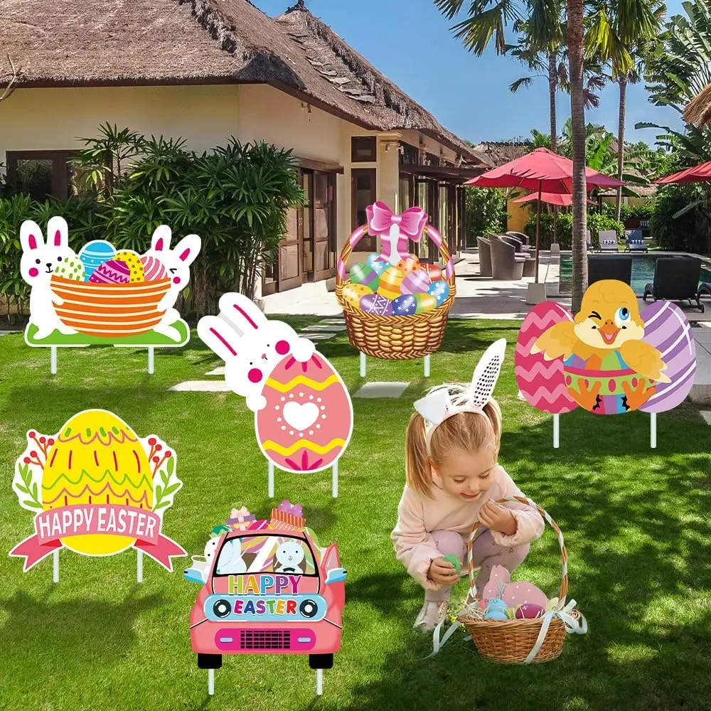 6 Pcs Easter Yard Signs with Stakes - Bunny Eggs, Basket, Chicks-Easter Lawn Decoration Easter Props Spring Patio  festive ornament romantic birthday