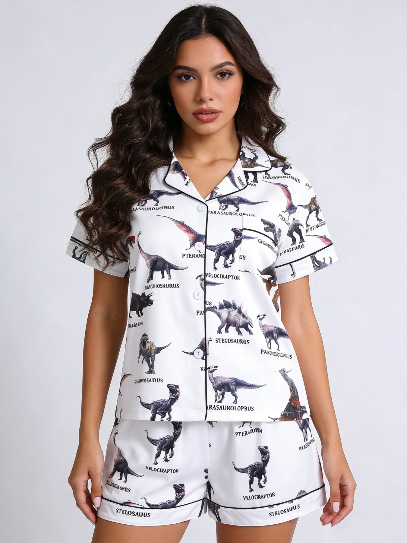 2-piece Women's dinosaur print short-sleeved top and shorts Pajama set, Pajama Outfit, features a small pocket, comfortable, soft, skin-friendly, smooth fabric, fitted, and elastic waistband, suitable for all seasons, casual loungewear, and sleepwear