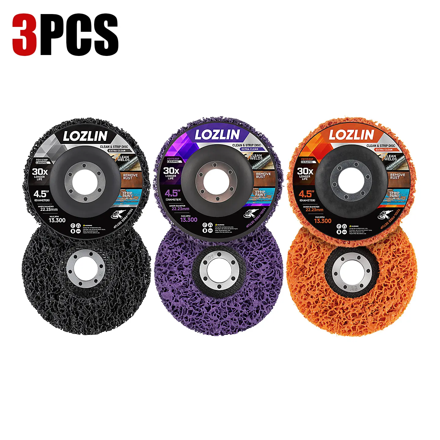 LOZLIN 3PCS 4.5" Clean and Strip Discs for Angle Grinders, Stripping Wheels for Rust, Paint, Oxidation and Coating Removal on Metal, Wood and Fiberglass