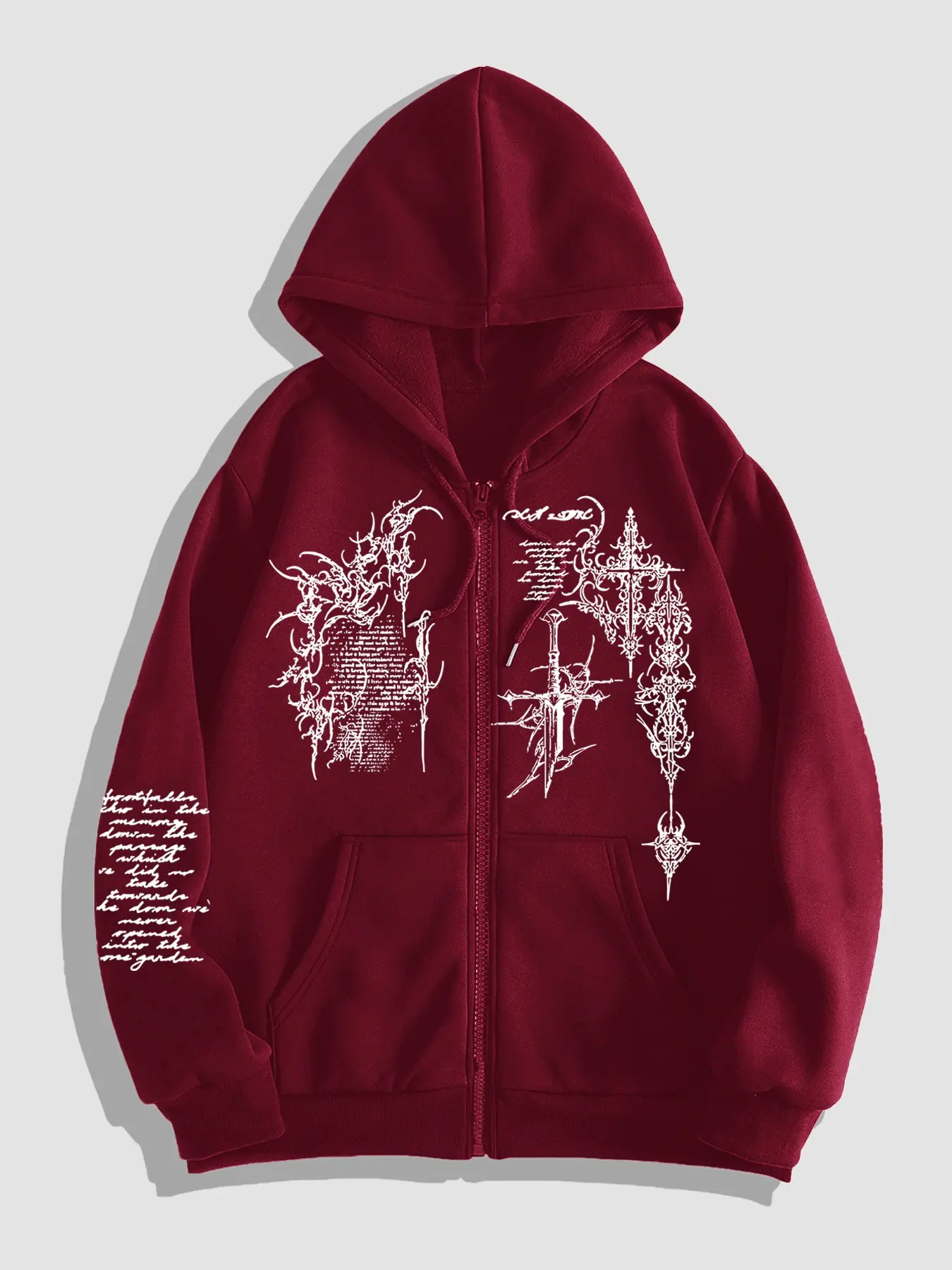 Dark Gothic Thorn Cross Print Hoodie for Men, Y2K Zip-Up Loose