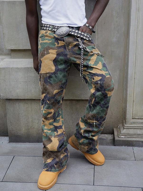 Jeans for men - Men’s Flared Camouflage Jeans with Layered Design for Street Style Wear baggy jeans for men y2k clothing jeans pants for men clothes for men airport outfit black jeans outfits winter going out outfits y2k clothes pants for men cargo