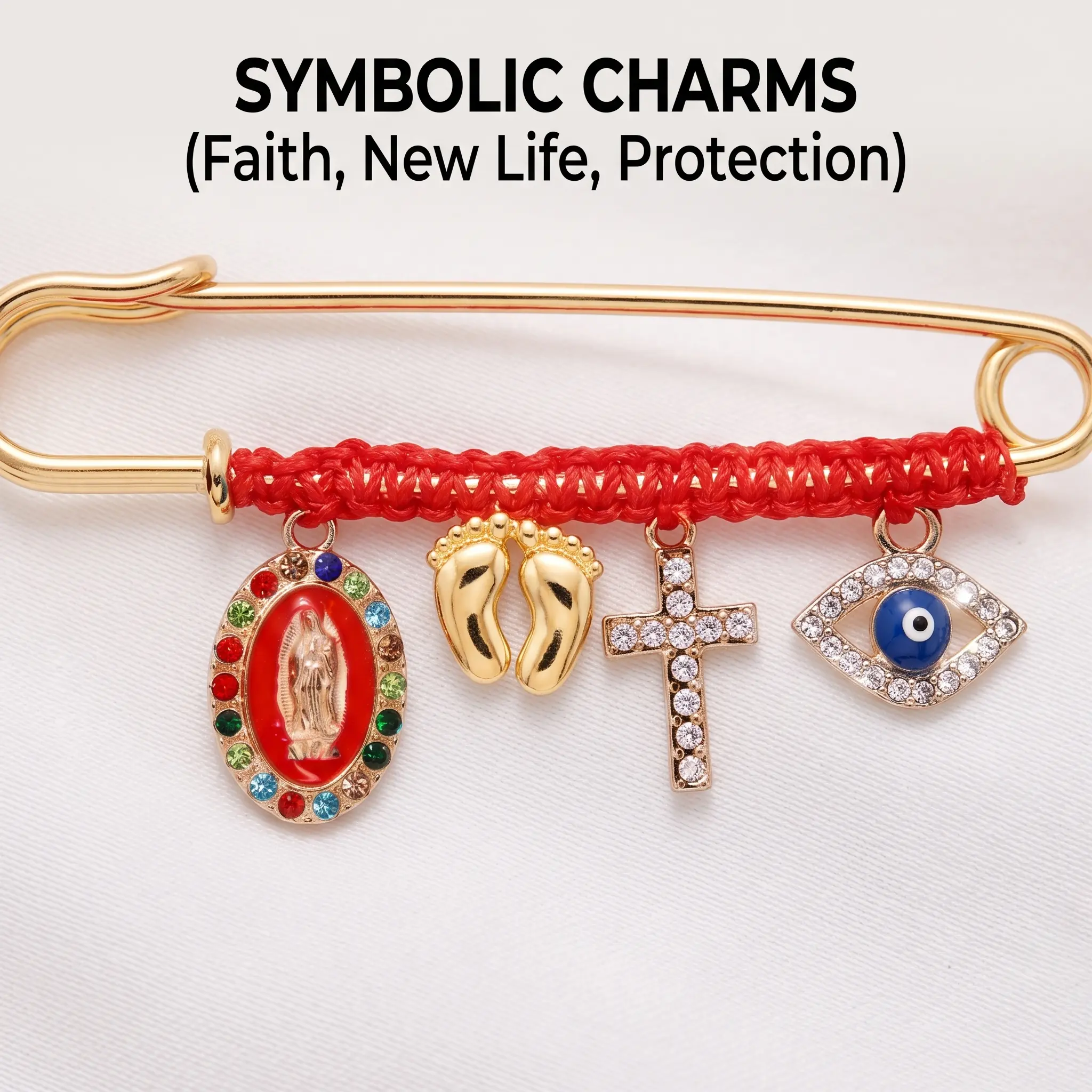 Women's Pregnancy Protection Brooch - Metal-Coated Alloy Pin with Guardian Charms, Rhinestones, Safety Clip & Red 7-Knot Bracelet - Ideal for Abs, Engagement, Baby Shower Gifts (Evil Eye Design)