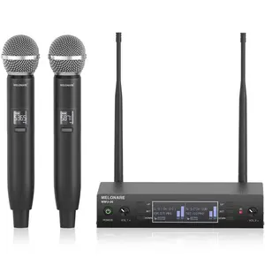 Dual Channel Wireless Microphone System, MELONARE Auto-Scan Professional Cordless Dynamic Mic Set, 260ft Range, 2x100 UHF Metal Wireless Mic for Singing, Karaoke, Church, Wedding, DJ (MWU-20-2H)