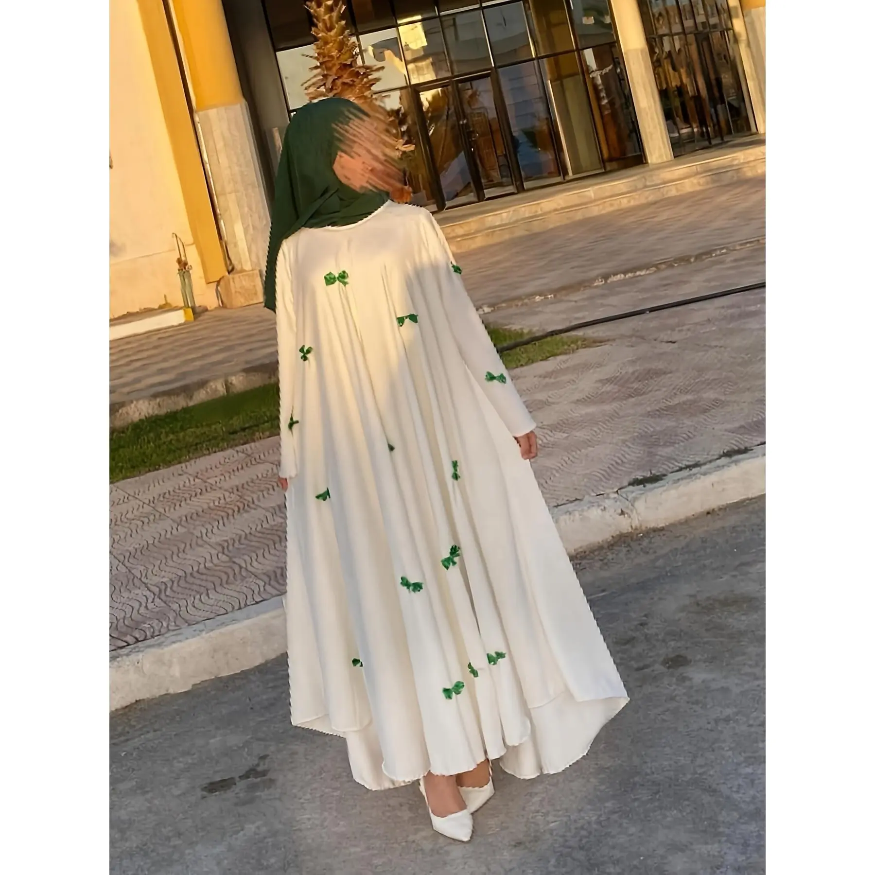 Women's Arabic Style Modesty Abaya, Casual Loose-Fit Polyester Robe with Flared Bell Sleeves and Bow Neck, Long Sleeve, Arabic Middle Eastern Style, Bow Detail