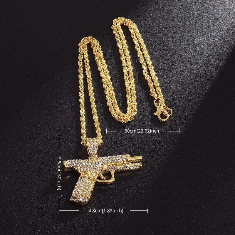 Bling Iced-Out Pistol Pendant Necklace for Men, Hip Hop Street Style Jewelry, Rhinestone Inlay Statement Accessory