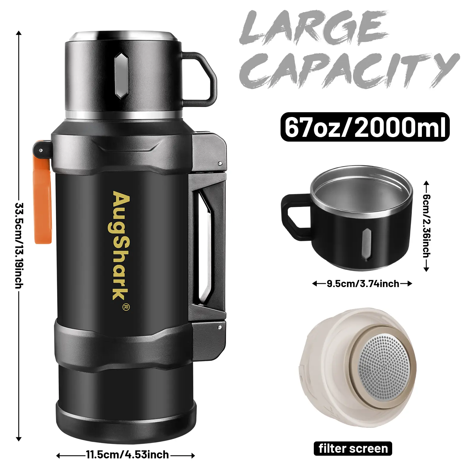 Augshark Newly Updated 3.0 Summer Limited Edition Black 67oz Large Capacity Insulated Stainless Steel Flask Bottle, Leakproof Vacuum Thermos with Cup, Ideal for Travel, Outdoor Use