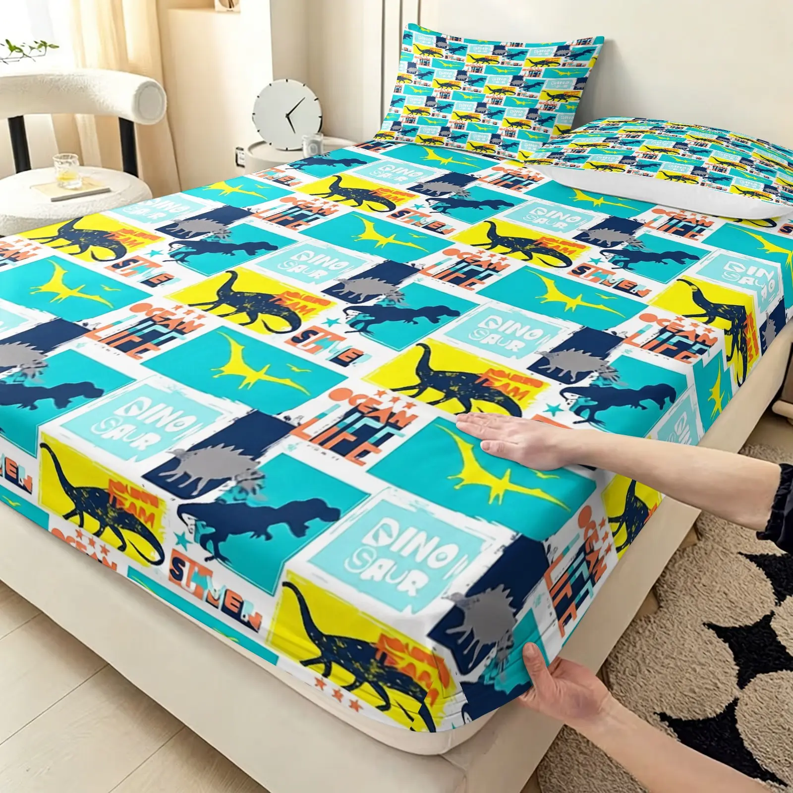 3-piece dinosaur print bedding set, Bedsheet Sets, including 1 fitted sheet and 2 pillowcases (without filling), suitable for single or double beds, multiple sizes available, ideal for bedrooms, dormitories, guest rooms