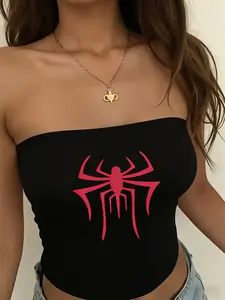 2026 Viral Spider Graphic Tube Top, Y2K Grunge Hunting Strapless Crop Top, Trendy Gothic Streetwear Top, Sexy Letters Pattern