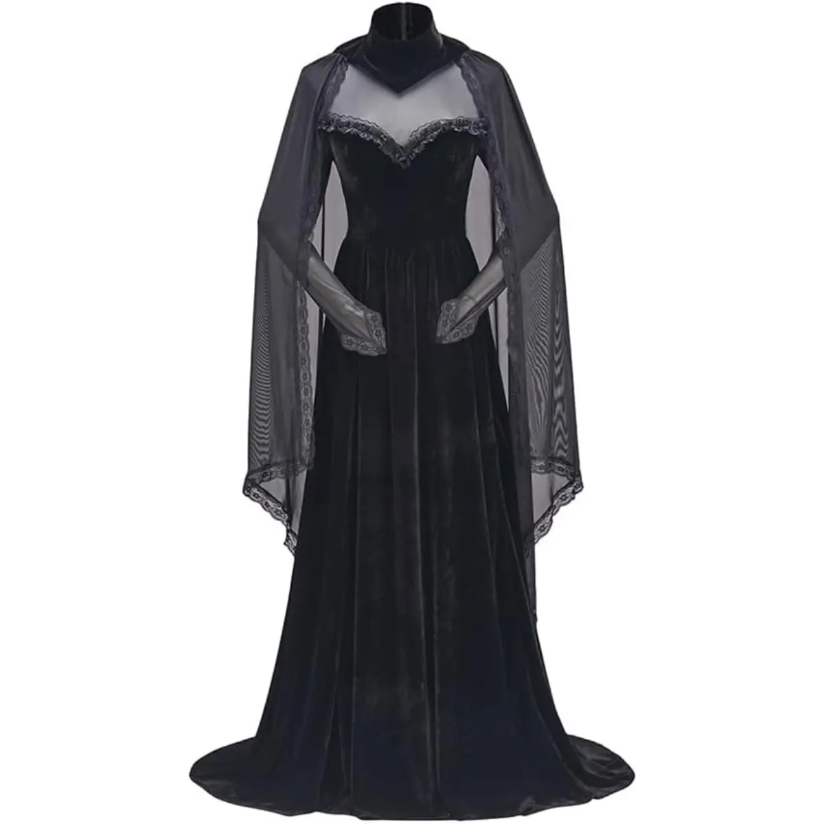 Gothic Vampire Costume | Victorian Steampunk Witch Long Black Dress with Lace Cape for Women