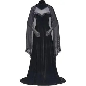 Gothic Vampire Costume | Victorian Steampunk Witch Long Black Dress with Lace Cape for Women