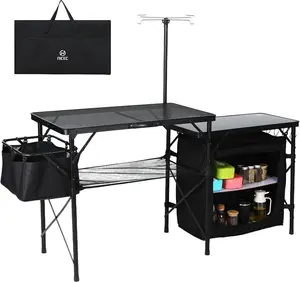 Nice C Camping Kitchen Table, Portable Folding Camp Cook Station, Storage Organizer, with Light Poles, Storage, Side Bag, Side Hooks, for Outdoor, Picnic, Beach, RV Traveling (Black)
