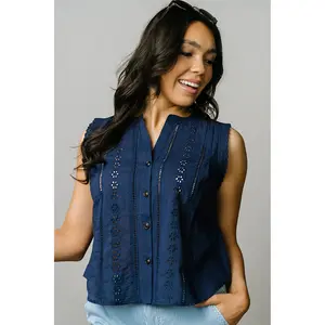 Garden Blouse - Navy Blue Cotton Top with Functioning Buttons