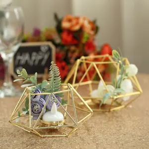 Set of 2 Gold Metal Candle Holders 4"x3" Hexagon Geometric Design - Stylish Table Centerpieces for Weddings & Events