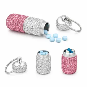 Bling Rhinestone Dual-Compartment Pill Holder Keychain, Portable Mini Capsule Case for Purse, Travel Bag, Vitamins, Mints, Earrings & Small Essentials, Silver Pink outdoorfun