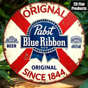 Vintage 2D Aluminum Beer Brand Theme Wall Decor, Pabst Blue Ribbon Retro Style Aluminum Hanging Ornament, Bar Wine Cellar Beer Culture Aluminum Plaque, 2D Aluminum Decoration, Rustic Design