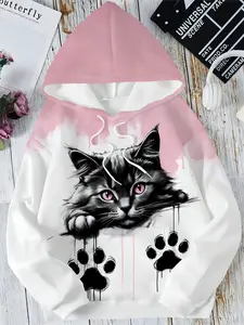 Sweet Healing Cat Paw Print Hoodie for Women, Fall & Winter Casual Fashion Knit Fitted Top, Animal Cartoon Pattern, Moderate Fabric, One Piece, Sweatshirt