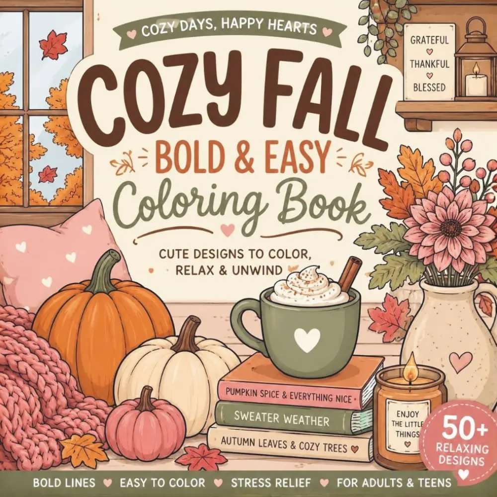 Cozy Fall Coloring Book with Comfy Autumn Vibes, Bold and Easy Designs for Adults and Teens for Relaxation featuring Pumpkins, Cozy Rooms, Books, ... Designs (Soft Girl Cozy Coloring Collection)