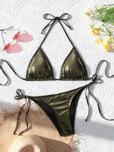 Two-piece Set Women's Metallic Halter Bikini Set, Solid Tie Back Triangle Swim Bra & Tie Side Swim Bottom, Fashion Chic Ladies Bathing Suit, Halter Swimsuit, Beach Bikinis for Beach Holiday Vacation