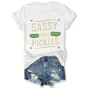 Playful Pickled Cucumber Pattern T-Shirt, Short-Sleeve Casual Round-Neck Top, Spring And Summer Women'S Clothing