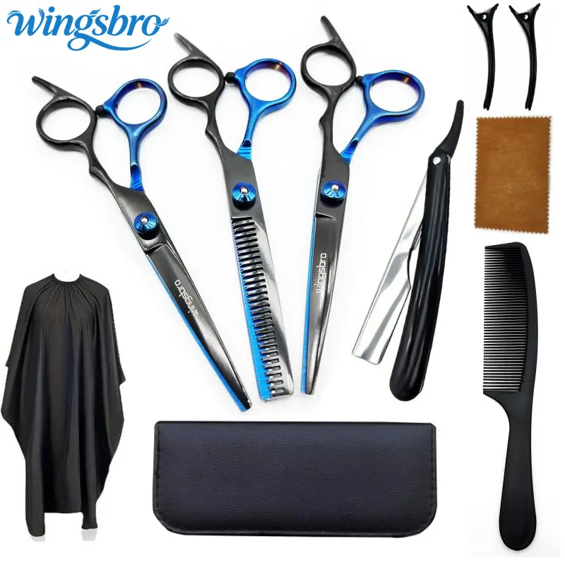 Wingsbro 9Pcs/Set Professional Hair Cutting Scissors - Haircare, Heatless Hair Shears with Accessories for Salon and Home Use