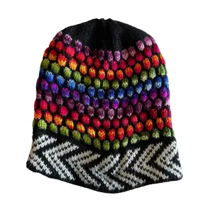 Black Colorful Knitted Alpaca Beanie Hat - One Size