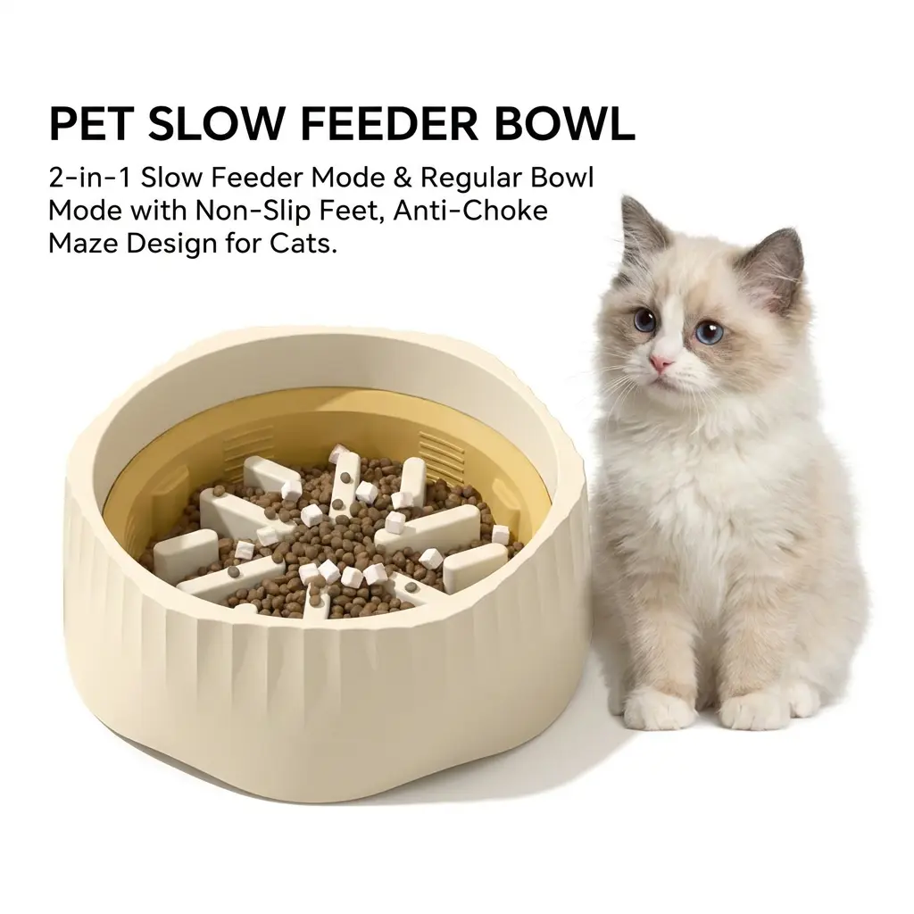 Cat Slow Feeder Bowl, 2-in-1 Anti-Choke Slow Feeder & Regular Bowl with Non-Slip Base, Interactive Maze Puzzle Feeder for Healthy Eating, Slow Eating Pet Bowl for Cats and Small Dogs