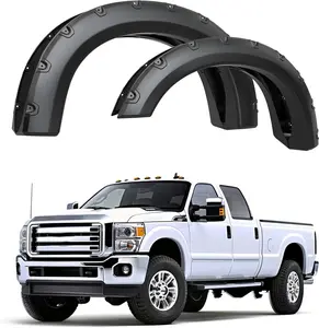 OEDRO Fender Flares, Compatible with 2008-2010 Ford F-250 F-350 Super Duty, Smooth Black Finish Front Rear Wheels Pocket Rivet Style Chrome Eyebrow Headlight Trim Cover