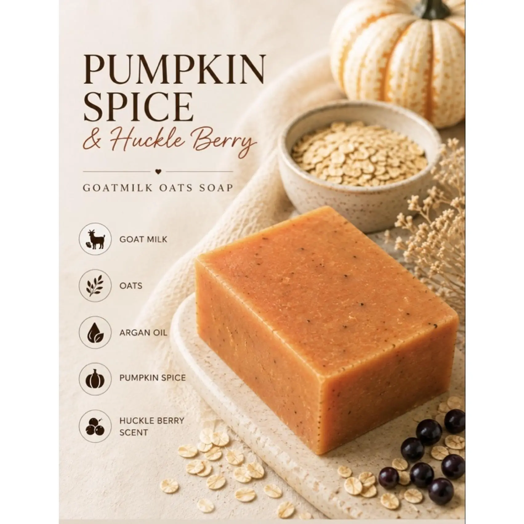 Pumpkin Spice & Huckleberry Goat Milk Oats Soap with Almond Oil and SCI for Moisturizing and Nourishing Skin
