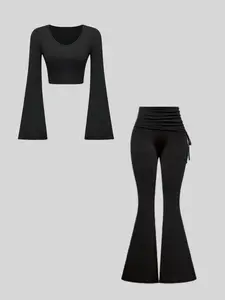 Elegant and special women's casual commuter Fitted long-sleeved T-shirt high-waist drawstring trousers set Cropped Essential Sets