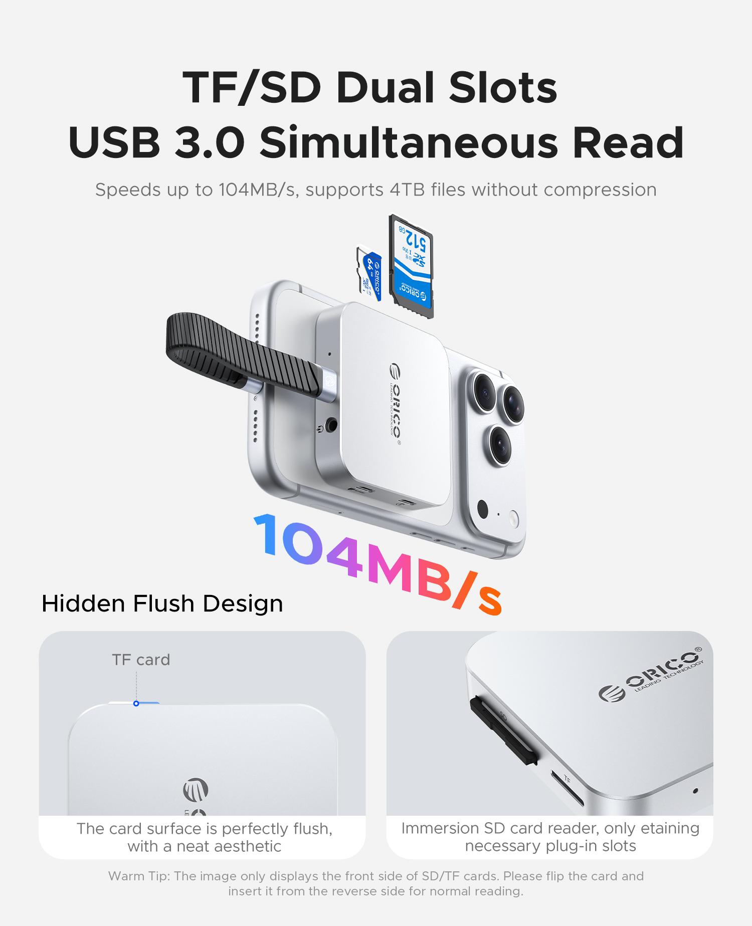 ORICO Ultra-Thin Magnetic SD Card Reader for iPhone 17/16/15 Series/iPad/MacBook, USB C Camera  with SD/TF 3.0 Solt, 100W PD Pass-Through