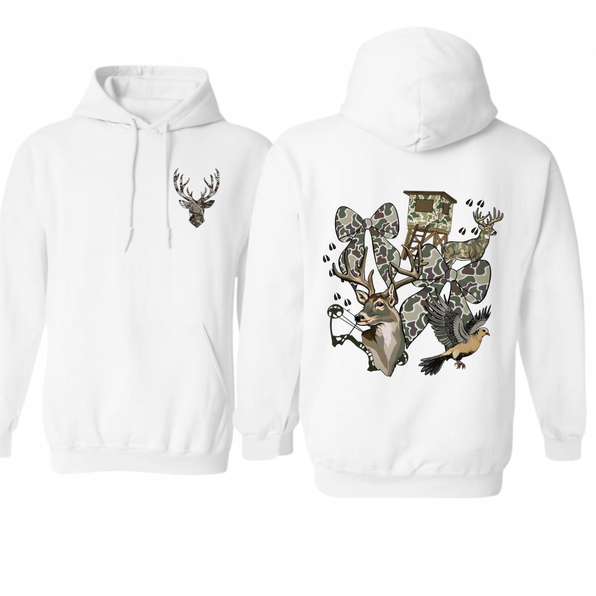Hunting Season Hoodie – Deer with Camo Bow and Tower Design, Country Style Sweatshirt, Gift for Hunters and Outdoors Lovers. Unisex – Menswear, Streetwear. Men’s Tops