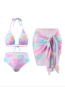 Plus Size Three-Piece Set Triangle Halter Swimsuit Set, Solid Backless Tie Back Swim Top & Knot Asymmetrical High Waist Swim Skirt & Swim Bottom, Women's Swimwear for Summer Beach Holiday Vacation, Tie Back Bikinis